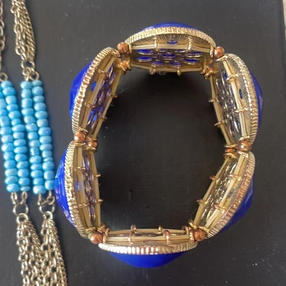 Stunning Cobalt Blue and Gold Beaded Necklace‎ and Bracelet set - Picture 4 of 7